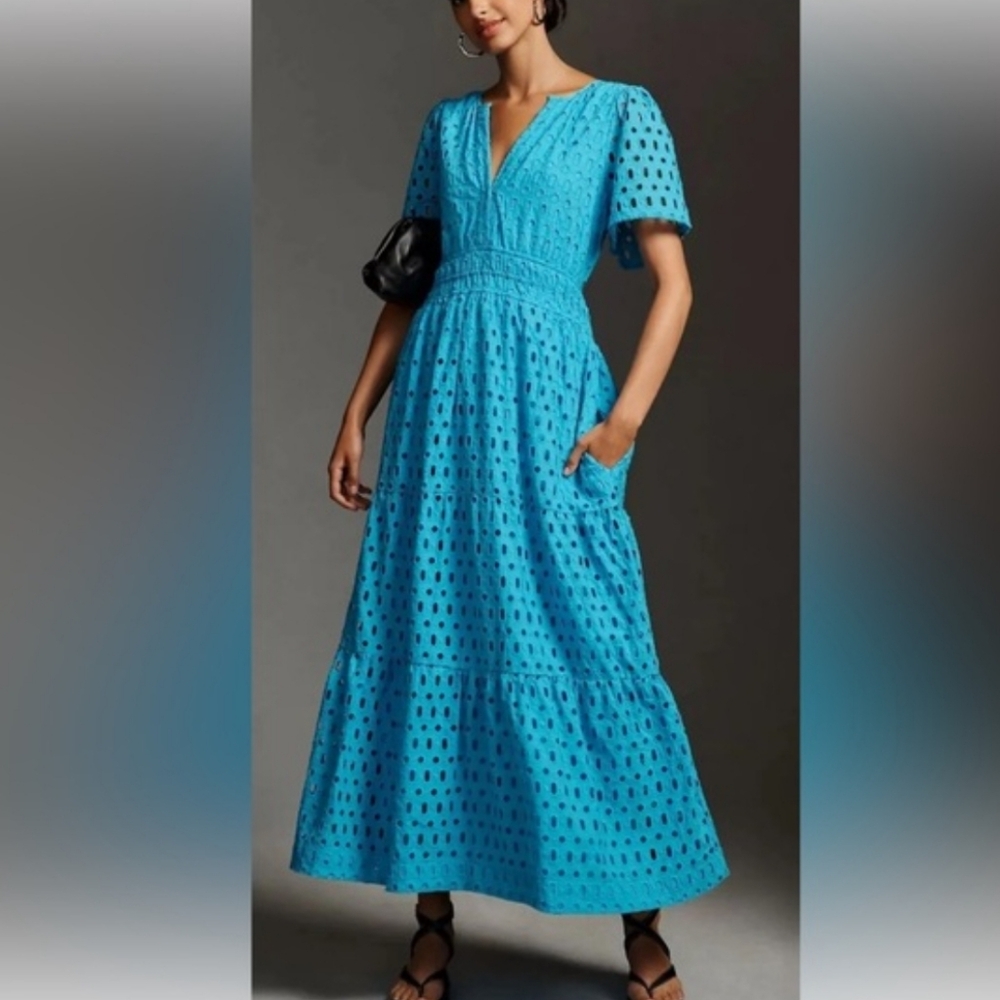 NWT Anthropologie Somerset Maxi Dress Eyelet Edition BLUE Size S